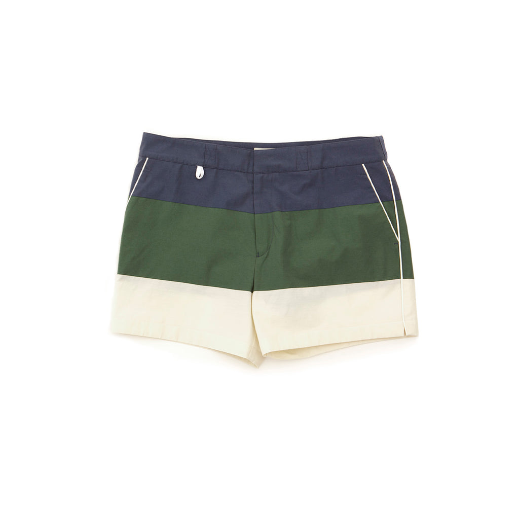 Blue, green, and white bathing trunks
